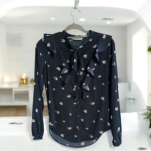 Abercrombie & Fitch Ruffle Button Down Shirt in Navy Blue and Floral Print